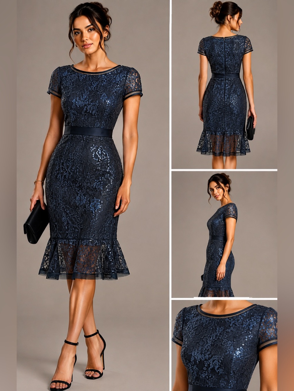 Tadashi Shoji Navy Blue Embroidered Sequin Lace Ribbon Waist Dress 4P NWOT